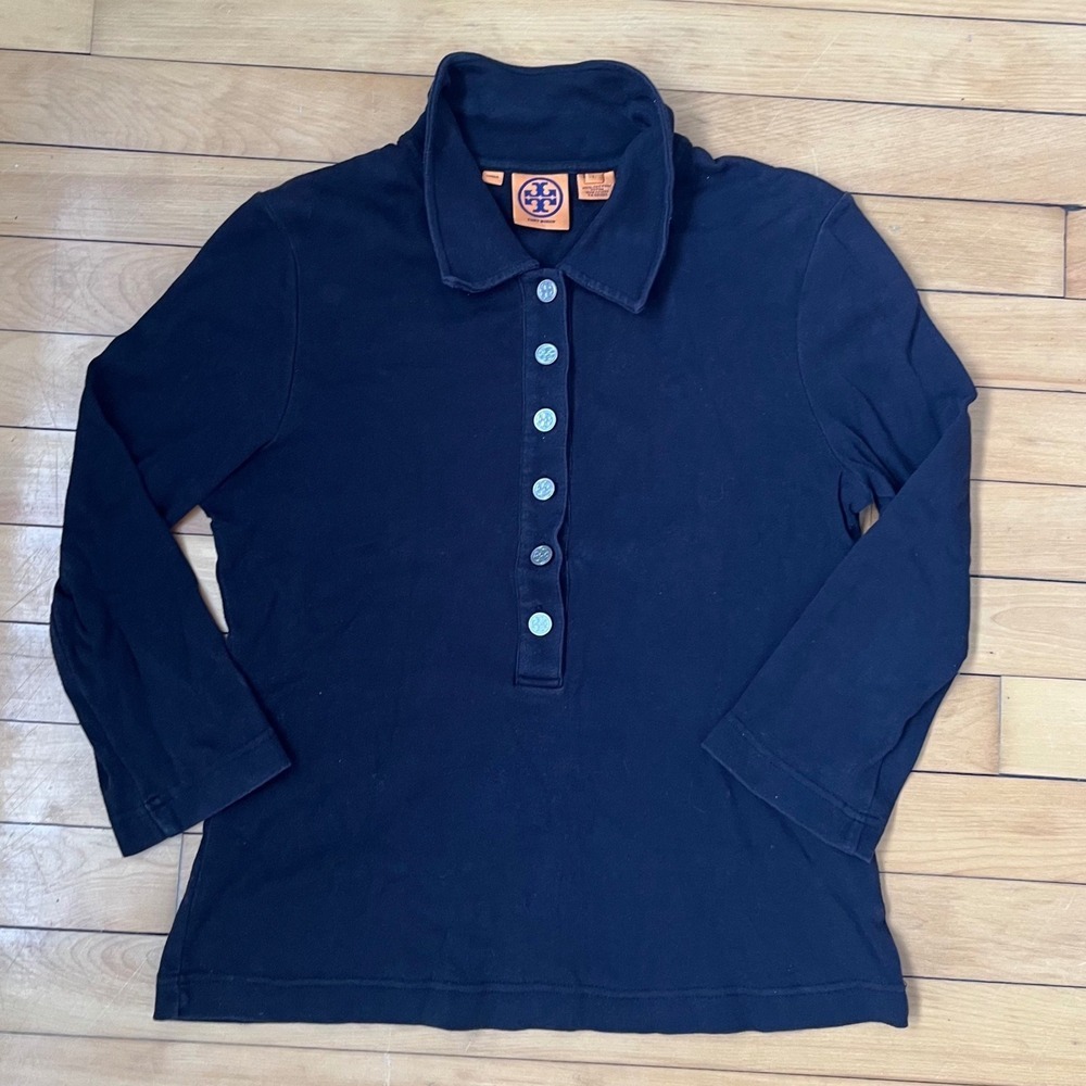 Tory Burch Navy Blue Cotton Long Sleeve Polo Shirt Logo Buttons Women's Large L